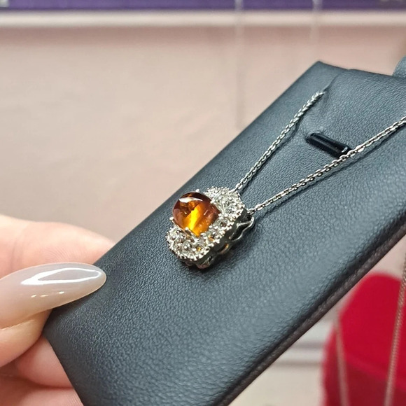 Cherry Citrine & Natural White Zircon Halo Pendant Necklace - Picture 5 of 7